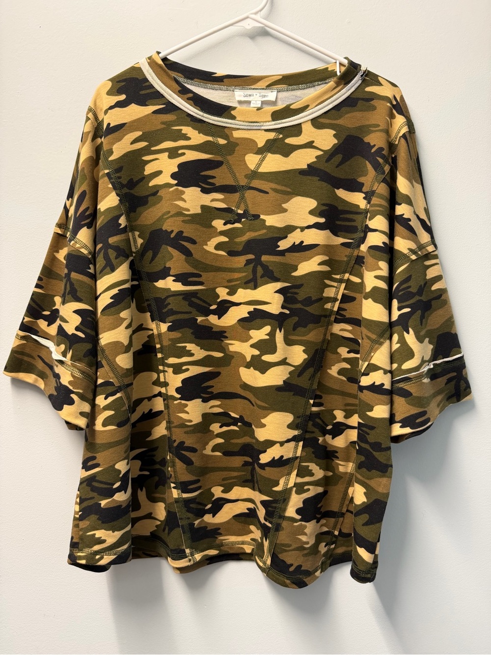 Sewn + Seen Camo Knit Pullover Top Round Neck 3/4 Sleeve Relaxed Fit Size L